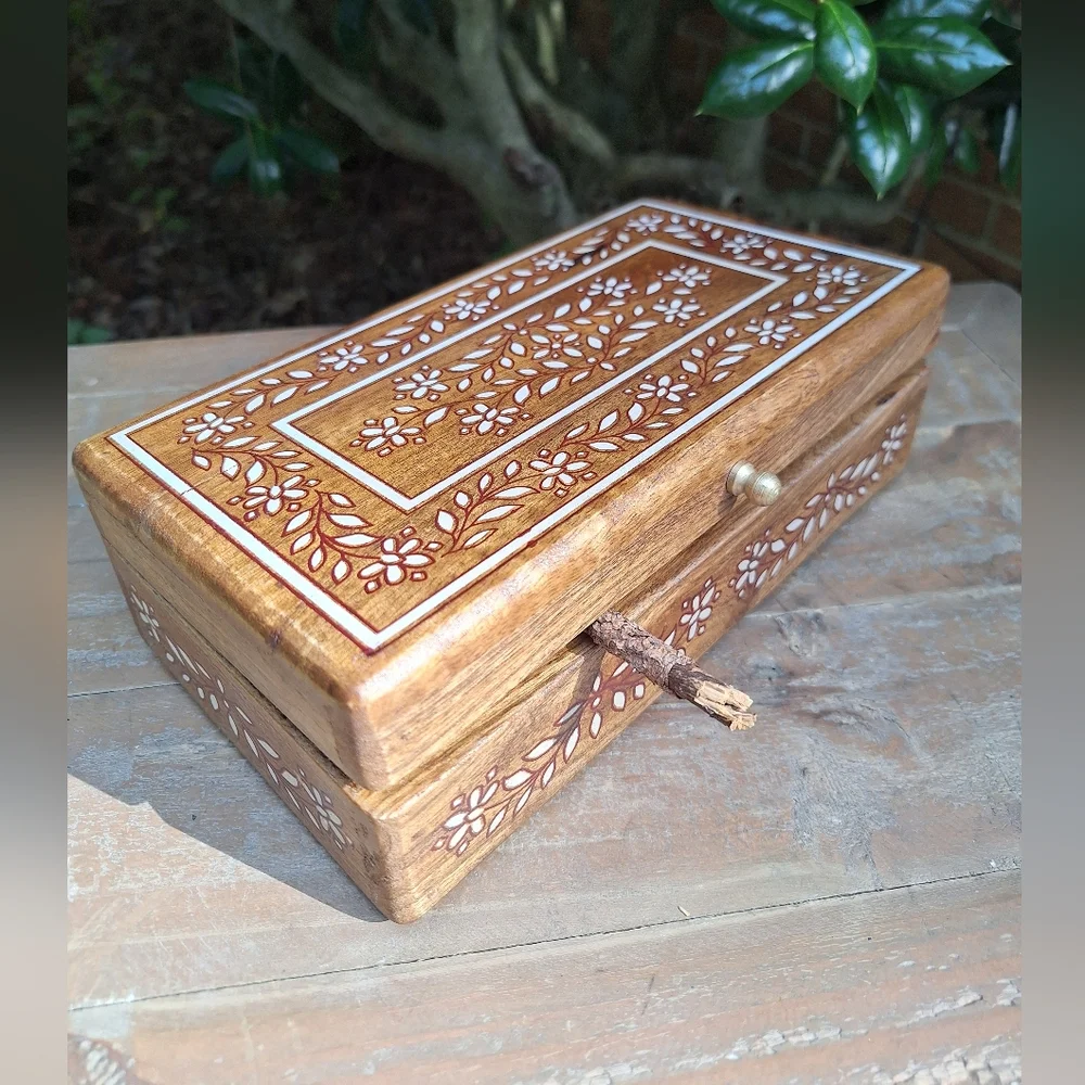 Wooden Box with Hinged Lid Jewelry  Trinket Box Rectangle Table Top Gold Handle